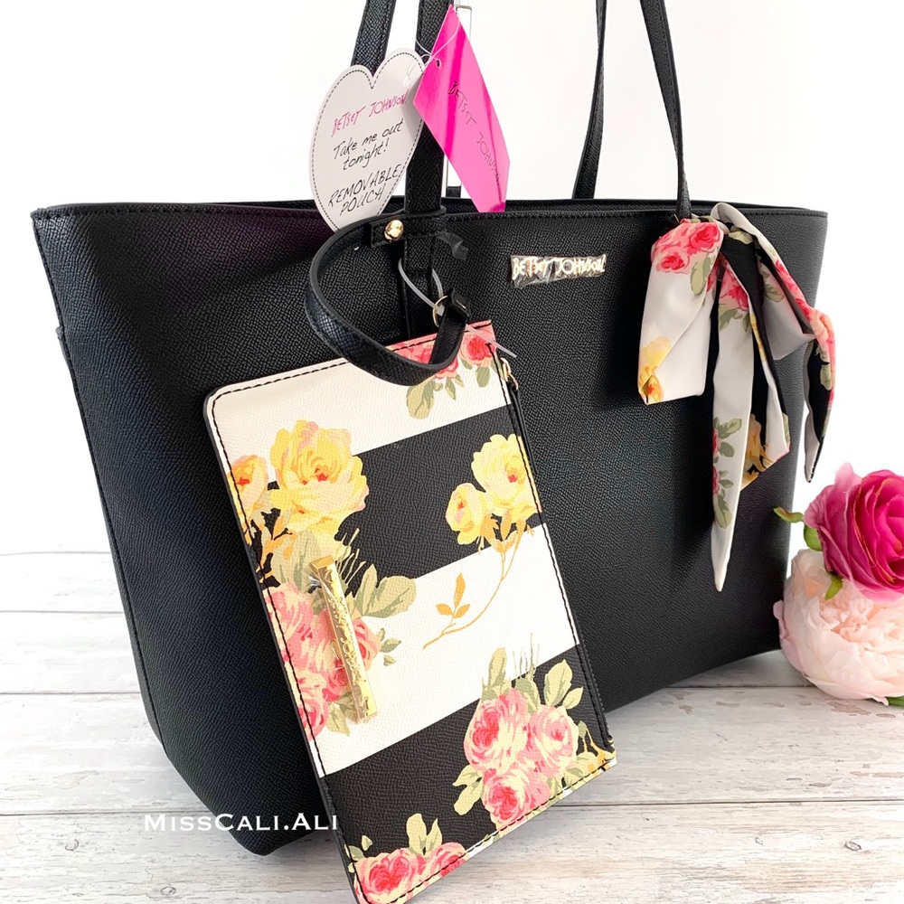 Betsey Johnson Black Tote Bag + Wristlet Set - Picture 2 of 9